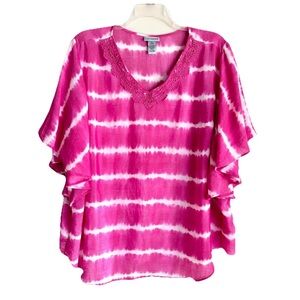 CATHERINES Pink White Tie Dye Crochet Trim Top Blouse